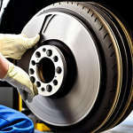 **

"Close-up of a mechanic meticulously inspecting a race car's brake system, emphasizing brake pads and rotors. Bright, focused lighting on the mechanical details. Include safety equipment like gloves and organized tools in the background. Conveying precision and importance of pre-race checks."

**