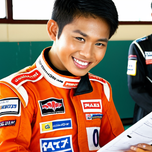 A determined Thai novice motorsport driver, in their mid-20s, wearing a standard racing suit, gazes excitedly at a "National Motorsport License" certificate from RAAT (Royal Automobile Association of Thailand), holding it like a cherished key. The background subtly blends elements of a basic racing track with a classroom or briefing area, suggesting foundational learning. The scene evokes a sense of accomplishment, excitement, and the beginning of a dream realized, bathed in warm, inspiring light.