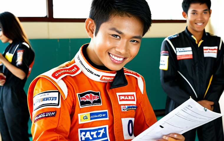 A determined Thai novice motorsport driver, in their mid-20s, wearing a standard racing suit, gazes excitedly at a "National Motorsport License" certificate from RAAT (Royal Automobile Association of Thailand), holding it like a cherished key. The background subtly blends elements of a basic racing track with a classroom or briefing area, suggesting foundational learning. The scene evokes a sense of accomplishment, excitement, and the beginning of a dream realized, bathed in warm, inspiring light.