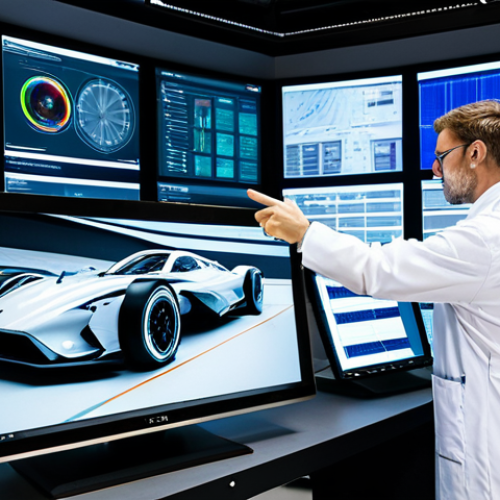 A team of diverse professional engineers in pristine lab coats and professional work attire, collaborating intently in a high-tech F1 research and development facility. They are surrounded by large digital displays showing complex aerodynamic simulations and real-time telemetry data. One engineer gestures towards a holographic projection of an F1 car chassis, while others analyze data on touch screens. The atmosphere is one of focused innovation and advanced problem-solving. Professional photography, ultra-detailed, sharp focus, perfect anatomy, correct proportions, well-formed hands, natural body proportions, natural pose, safe for work, appropriate content, fully clothed, modest clothing, professional dress, family-friendly.
