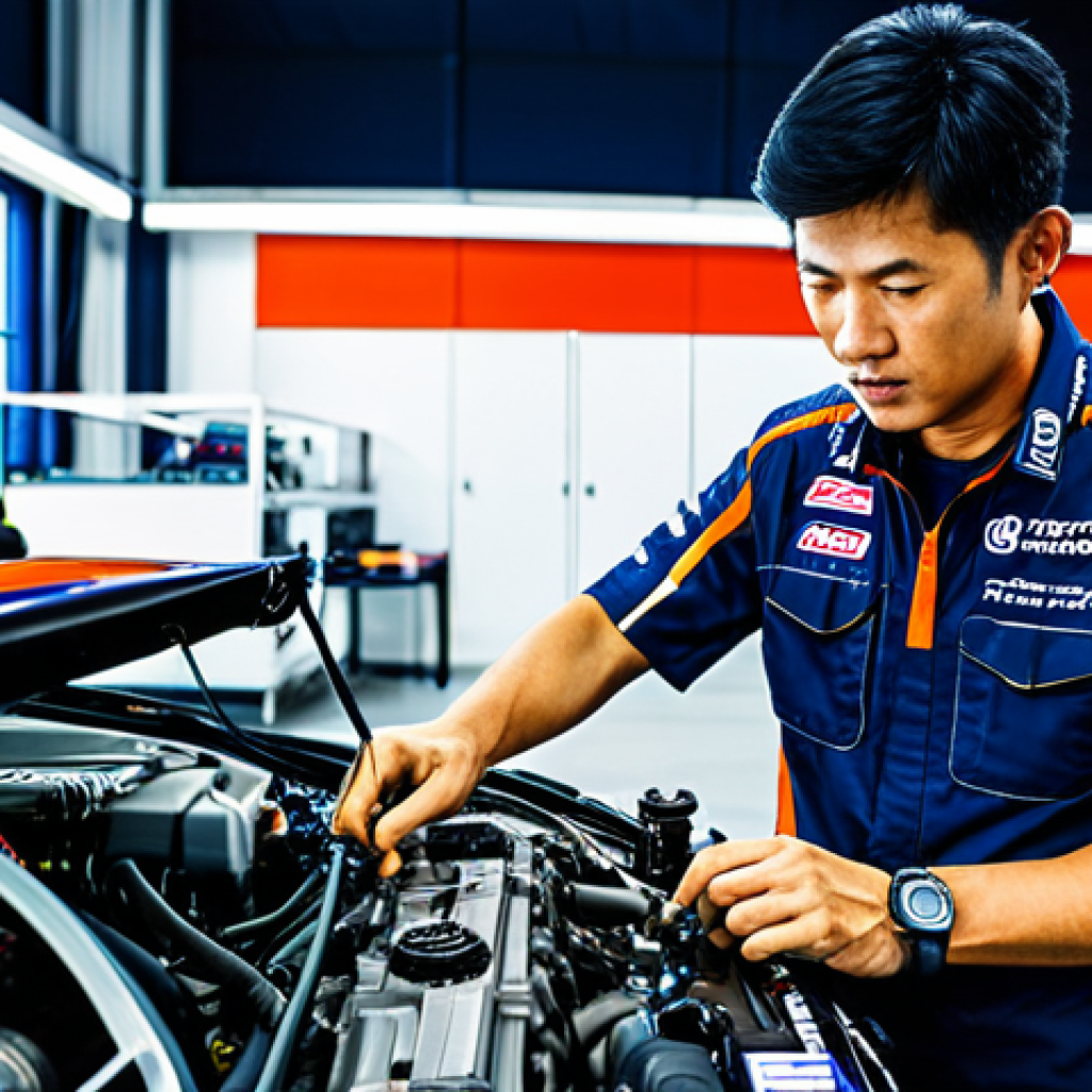 **

A fully clothed race car mechanic in a team uniform, adjusting settings on a high-performance race car engine in a brightly lit garage at Buriram United International Circuit. Tools and equipment are neatly organized around the workspace. The atmosphere is professional and focused. Safe for work, appropriate content, professional environment, perfect anatomy, natural proportions, fully clothed.

**