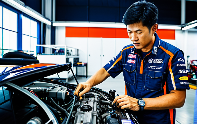 **

A fully clothed race car mechanic in a team uniform, adjusting settings on a high-performance race car engine in a brightly lit garage at Buriram United International Circuit. Tools and equipment are neatly organized around the workspace. The atmosphere is professional and focused. Safe for work, appropriate content, professional environment, perfect anatomy, natural proportions, fully clothed.

**