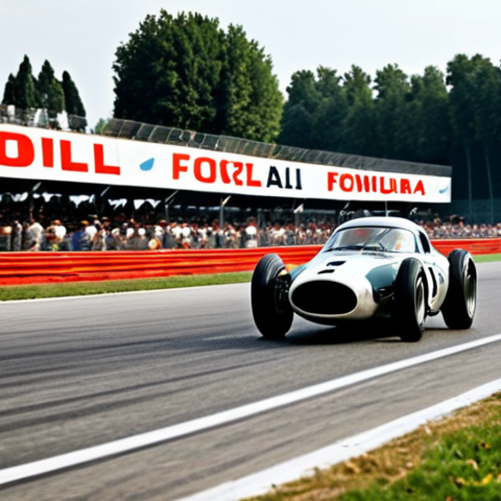 F1 주요 서킷 특징 - Monza Throwback**

"A vintage-style Formula 1 race scene at Monza, Italy. Classic race cars speeding...