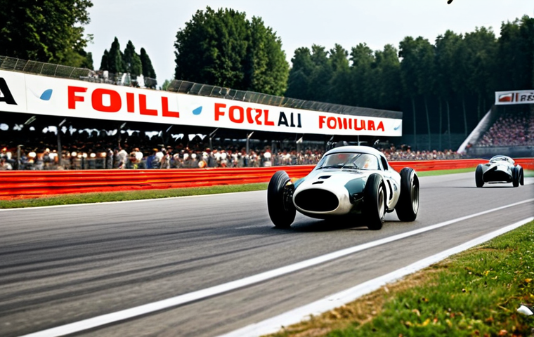 F1 주요 서킷 특징 - Monza Throwback**

"A vintage-style Formula 1 race scene at Monza, Italy. Classic race cars speeding...