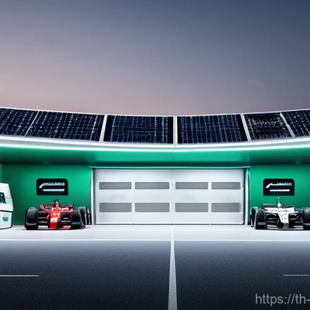 F1 머신의 재활용 가능 소재 - **Prompt:** A hyper-realistic, brightly lit, futuristic F1 pit garage, designed with a sleek, minima...