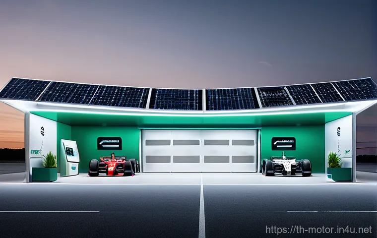 F1 머신의 재활용 가능 소재 - **Prompt:** A hyper-realistic, brightly lit, futuristic F1 pit garage, designed with a sleek, minima...