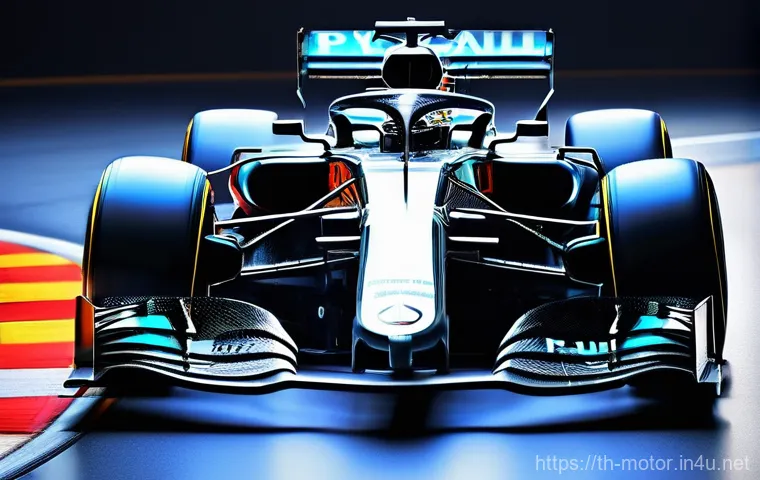 F1 머신의 재활용 가능 소재 - **Prompt:** A hyper-realistic, brightly lit, futuristic F1 pit garage, designed with a sleek, minima...