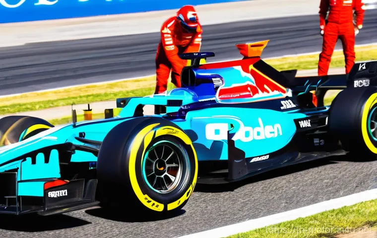 F1 팀간 전략 비교 - **Dynamic F1 Pit Stop: Precision Tire Change under Pressure.**
    A wide-angle, high-speed photogra...