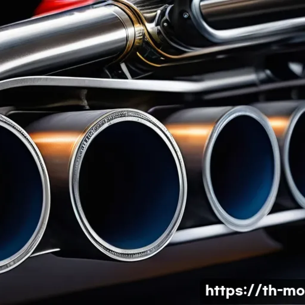 F1 머신의 배기 시스템 기술 - A highly detailed close-up of a Formula 1 race car’s exhaust system, showcasing complex titanium and...