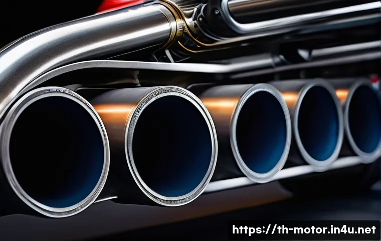 F1 머신의 배기 시스템 기술 - A highly detailed close-up of a Formula 1 race car’s exhaust system, showcasing complex titanium and...