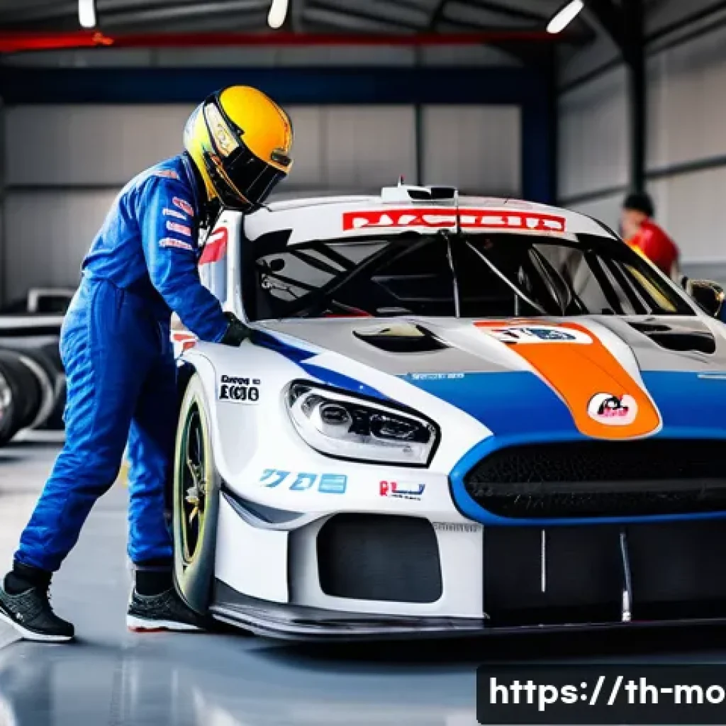 모터스포츠와 보험 제도 - A detailed scene showing a professional race car mechanic inspecting a high-performance race car bef...