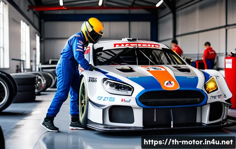 모터스포츠와 보험 제도 - A detailed scene showing a professional race car mechanic inspecting a high-performance race car bef...