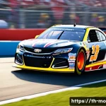 NASCAR 드라이버 분석 - A dynamic NASCAR racing scene focusing on a professional driver skillfully navigating a sharp curve ...