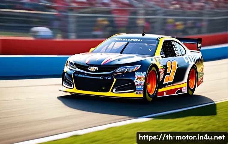 NASCAR 드라이버 분석 - A dynamic NASCAR racing scene focusing on a professional driver skillfully navigating a sharp curve ...