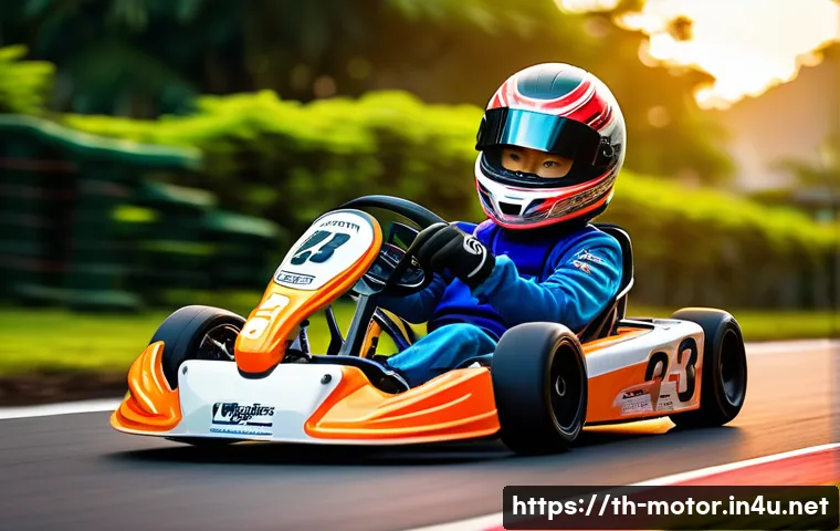 인디카 레이싱 스타 - A young Asian go-kart racer training intensely on a small outdoor karting track near a traditional T...