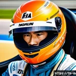 모터스포츠 경주에서의 안전 규정 - A professional race car driver wearing a lightweight, aerodynamic FIA-certified racing helmet with a...