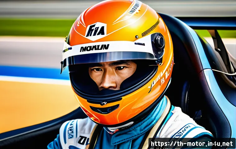 모터스포츠 경주에서의 안전 규정 - A professional race car driver wearing a lightweight, aerodynamic FIA-certified racing helmet with a...