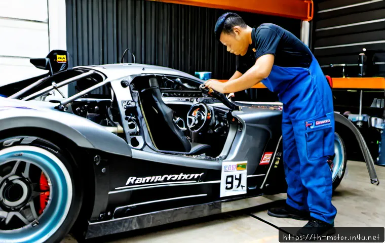 F1 머신의 냉각 시스템 설계 - Photorealistic engineering workshop scene in Thailand, a formula-style single-seat race car with bod...