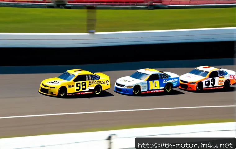 Home 17 NASCAR의 레이싱 규칙 - Photorealistic NASCAR-style stock car race on a sunlit oval speedway, a clearly visible yellow cauti...